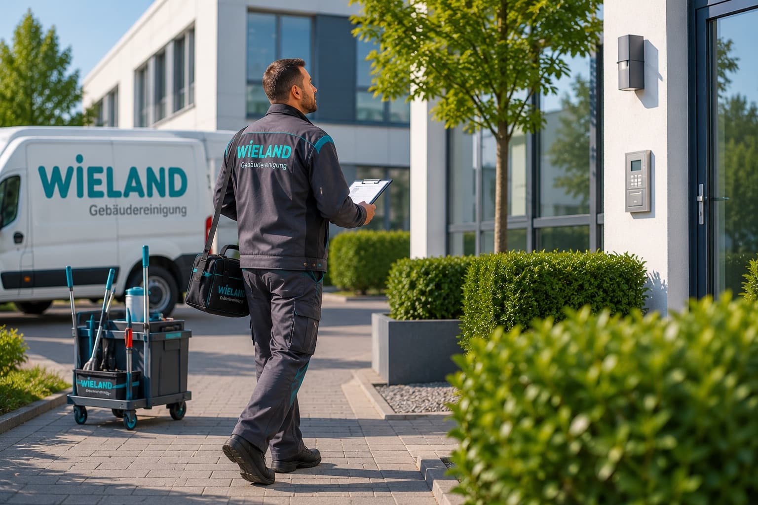 Objektbetreuer auf dem Weg zum Gebäude, Firmenfahrzeug im Hintergrund