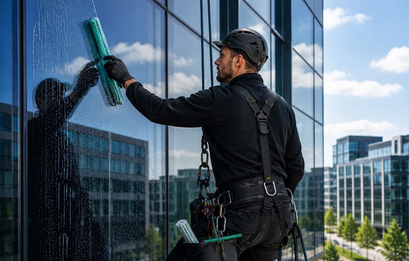 Window cleaner using a squeegee on the glass façade of a high-rise office building