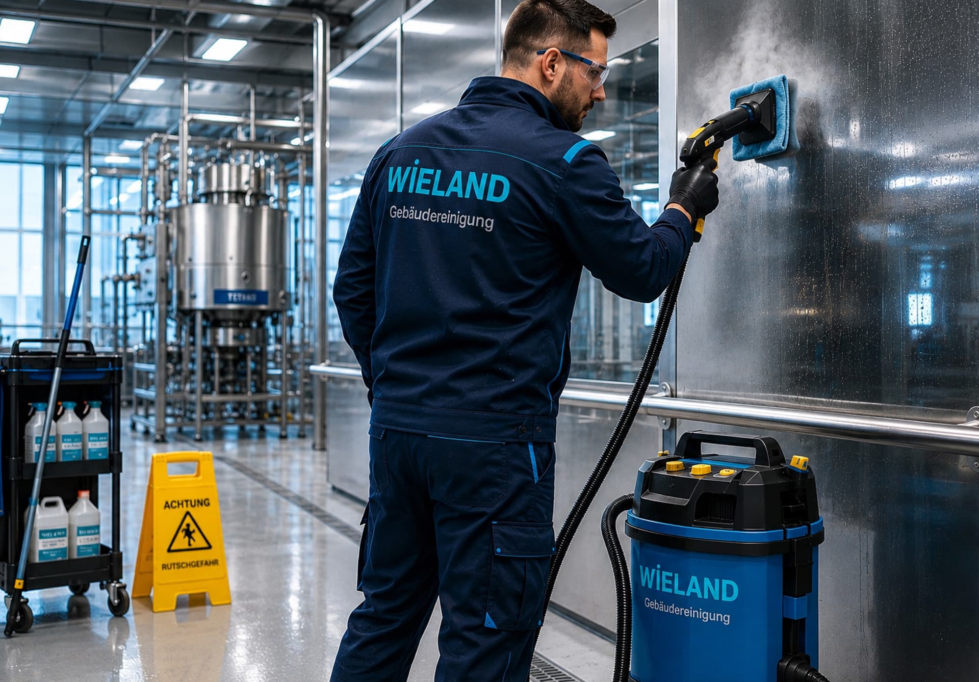 Specialist steam cleaning of stainless steel equipment in a production hall