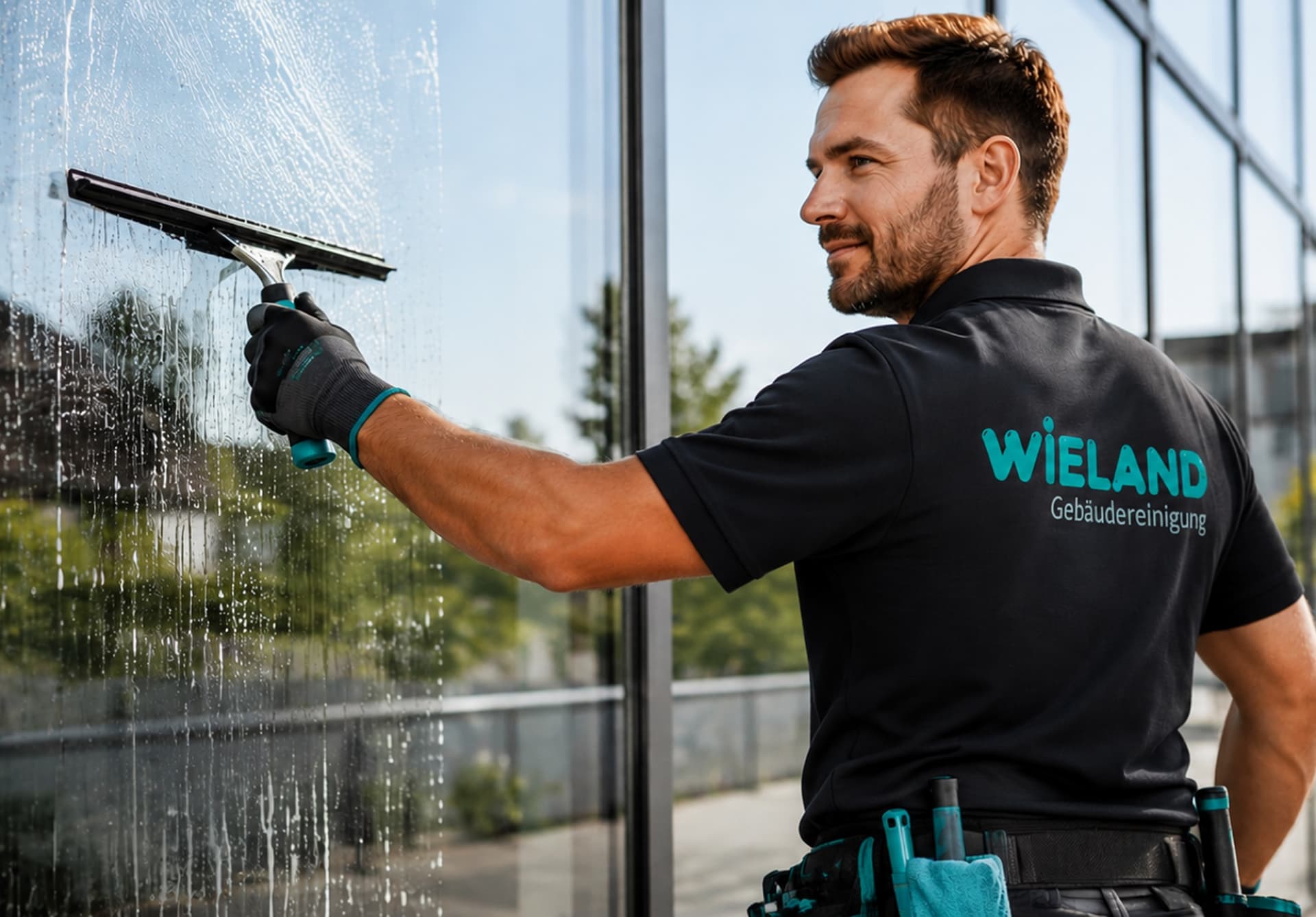 Glasreiniger zieht eine Scheibe mit dem Abzieher ab