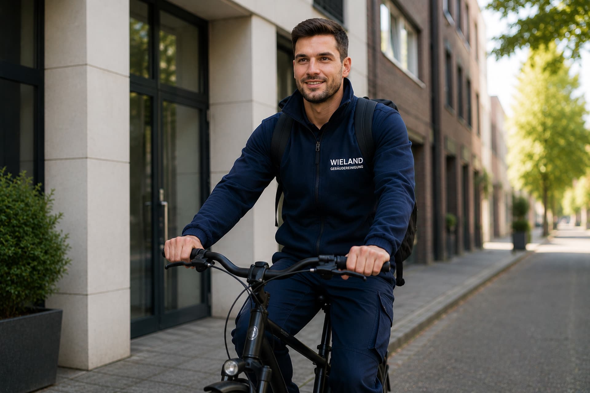 Employee cycling to a job