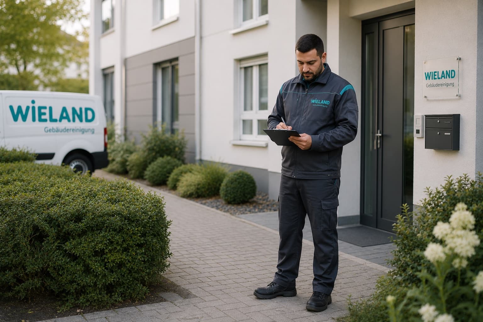 Property supervisor with a clipboard in front of a building entrance, company vehicle in the background
