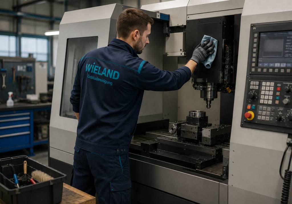 Mitarbeiter der Wieland Gebäudereinigung reinigt eine Industriemaschine in einer Produktionshalle.