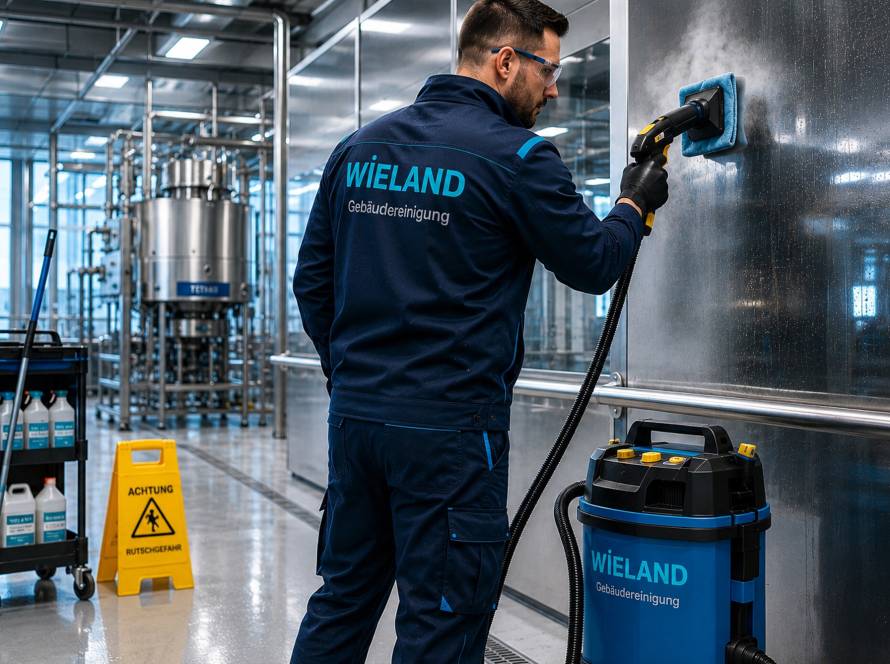 Mitarbeiter der Wieland Gebäudereinigung führt eine Spezialreinigung in einem industriellen Hygienebereich durch.