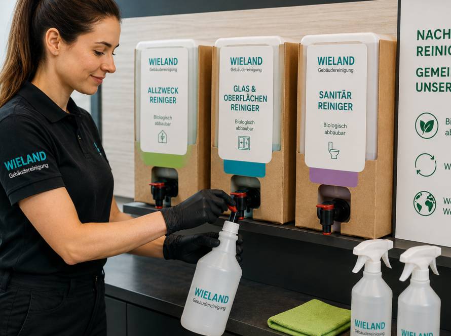 Wieland Mitarbeiterin füllt biologisch abbaubares Reinigungsmittel an einer nachhaltigen Nachfüllstation in wiederverwendbare Flaschen ab.