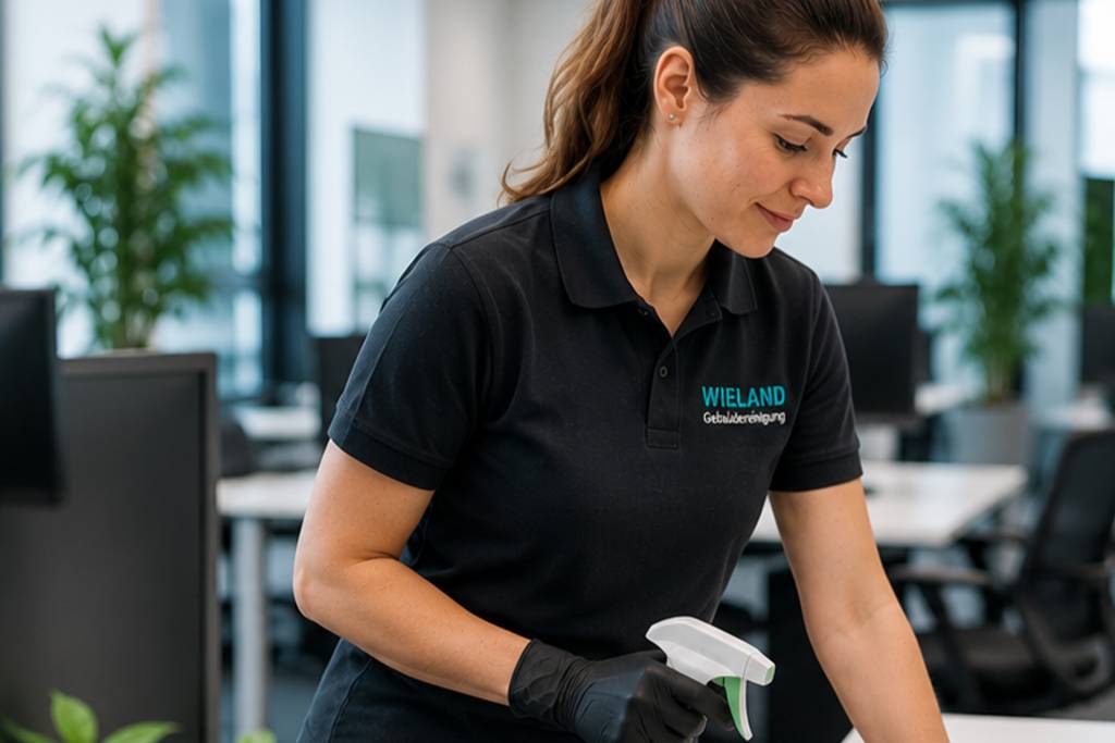 Zwei Reinigungskräfte der Wieland Gebäudereinigung reinigen moderne Büro- und Eingangsbereiche in einem Unternehmensgebäude.