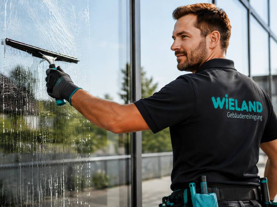 Fensterreiniger von Wieland Gebäudereinigung reinigt die Glasfassade eines modernen Bürogebäudes mit professionellem Equipment.