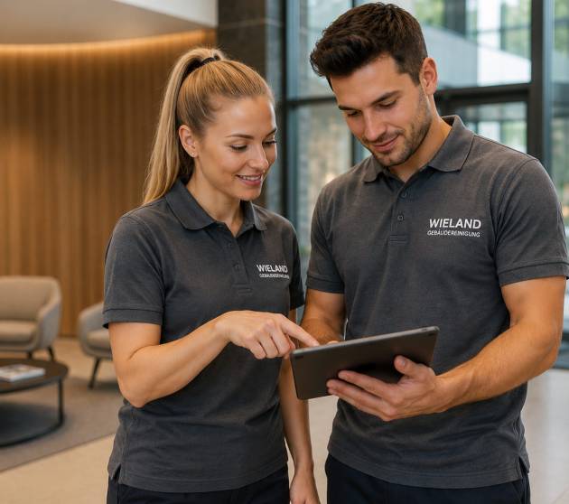 Zwei Mitarbeitende der Wieland Gebäudereinigung besprechen einen digitalen Arbeitsbericht auf einem Tablet in einer modernen Unternehmenslobby.